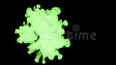 黑色背景上的绿色荧光墨水溶于水中。 在计算机上<strong>建模</strong>的美丽效果。 3d渲染